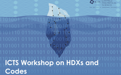 Logo for ICTS workshop on HDX and Codes: Iceberg of HDXs amidst a blue sea of bits